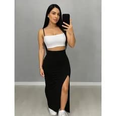Saia Cintura Alta Feminina Longa com Fenda Estilo Midi para o Verão, Elegante, Leve, Moda Feminina