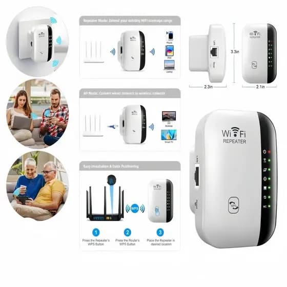 Repetidor de Sinal Wi-Fi 2 em 1: Modo AP e Repetidor com Instalação 300mbps Turbo WPS DKL