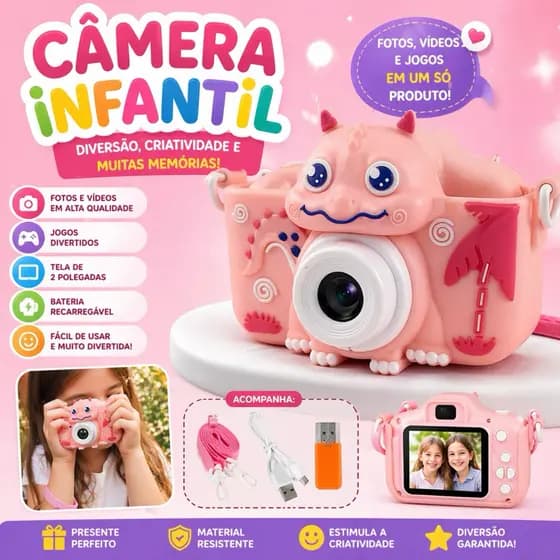 Câmera Infantil Digital 1080p Com Jogos Foto e Vídeo + Acessórios Inclusos Presente Criativo Criança