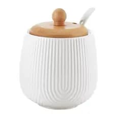 Açucareiro Cerâmica 360ml com Colher e Tampa de Bambu | Pote de Açúcar Cozinha Mesa Posta