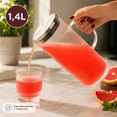 Jarra de Vidro Borossilicato 1,4L Canelada Premium com Tampa Inox Resistente para Bebidas Quentes e Frias