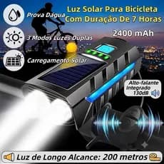 Lanterna Bike 4 em 1 LED Recarregável Solar Com Buzina 130dB USB Impermeável