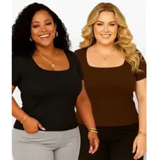Blusa Feminina Plus Size Gola Quadrada Alta Elasticidade Elegante Confortável Tee Decote Quadrado