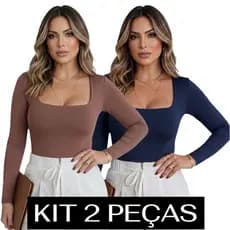 Kit 2 Blusa Feminina Manga Longa Suplex Decote Quadrado Poliamida Tee Academia Proteção UV Segunda
