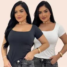 Blusa Feminina Suplex Premium Poliamida Elastano Manga Curta Básica Gola Quadrada Decote Blogueira