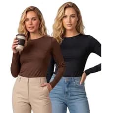 Blusa Feminina Manga Longa Suplex Gola Redonda Poliamida Baby Tee Academia Proteção UV Camiseta Fit