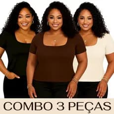 KIT3 CAMISETA FORRO PLUS SIZE ELEGANTE FEMININA MANGA CURTA SUPLEX ALGODÃO POLIAMIDA DECOTE QUADRADO