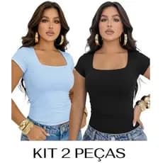 Kit 2 Blusa Suplex Feminina Decote Quadrado Básica Premium Elegante T-shirt Casual Segunda Pele Tee