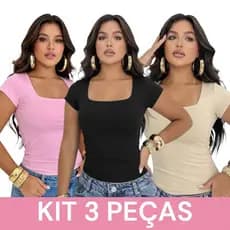 Kit 3 Blusa Suplex Feminina Decote Quadrado Básica Premium Elegante T-shirt Casual Segunda Pele Baby
