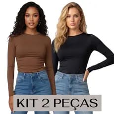 Kit 2 Blusa Feminina Manga Longa Suplex Gola Redonda Poliamida Tee Academia Proteção UV Segunda Pele