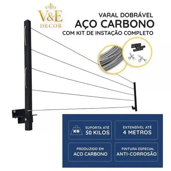 Varal De Parede Retrátil Em Aço Dobrável, Articulado, Cabo De Aço Encapado ENVIO IMEDIATO