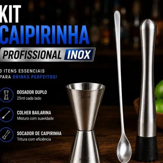 Kit Caipirinha Completo Dosador Socador e Colher Bailarina Inox