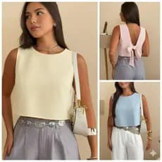 BLUSA ALFAIATARIA FEMININA COLETE CROPPED ELEGANTE, ABERTURA NAS COSTAS, AMARRAÇAO DE LAÇO MOD VERÃO