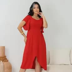 Vestido Midi Elegante Fenda Frontal c recortes moda Casual Moderna Manga curta Tecido fresco premium