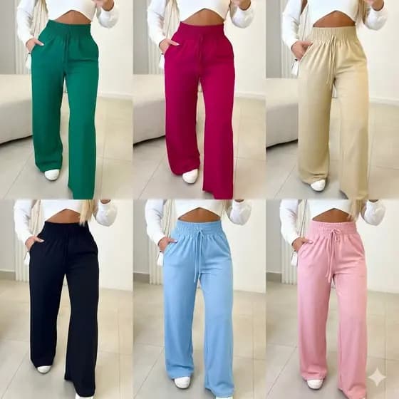 Calça Pantalona Feminina Com bolso Cintura Alta Tecido Duna WideLeg Fresco confortável Para trabalha