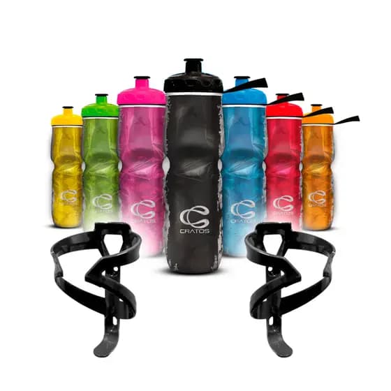 Kit 2 Garrafas Squeeze Caramanhola Térmica Cratos 710 Com 2 Suportes De Garrafa Para Bicicleta Bike