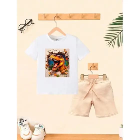 Camiseta + Short Safari Conjunto Dino Fundo Pedra Infantil Conjunto De Bermuda Juvenil Conjunto De Bermuda Juvenil