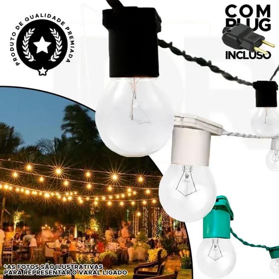 Kauff Varal Luzes 20 metros Cordão Decoração Festa Festão Gambiarra Fio de Luz Rede de lâmpadas Cordão de Luzes Externo Eventos Sacada Jardim BohoChic Festa Junina e Julina Arraial São João