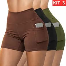 Kit 3 Short Feminino    Bolso Lateral Zero Transparência Cos Alto  Corrida Treino