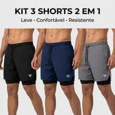 Kit 3 Bermudas 2 Em 1 Masculino Academia Corrida Fitness Confortável Com Bolso Interno