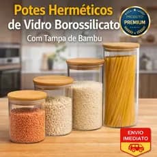 Pote Hermético de Vidro Borossilicato Liso com Tampa de Bambu 200ml 800ml 1,1L 1,8L Porta Alimentos