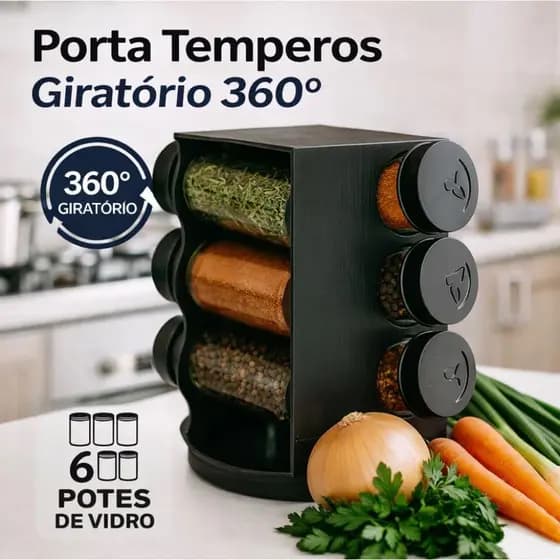 Porta Condimentos Giratório Plástico Preto com 06 Potes de vidro 80ml Organizador de Temperos 360°