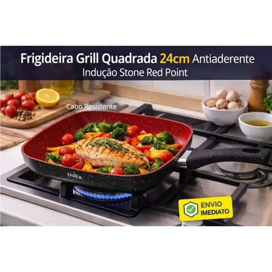 Frigideira Grill Quadrada 24cm Antiaderente marmorizada Indução Stone Red Point Cabo Resistente