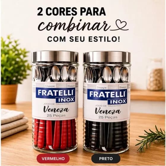 Jogo de Talheres 25 Peças Pote Vidro Inox Organizador Cozinha Faqueiro Preto/Vermelho Kit cozinha