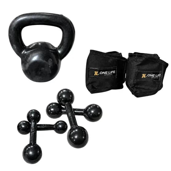 Kit Kettlebell 6kg + Par Halter 3kg e 4kg + Caneleira 4kg – Treino Funcional | Casa