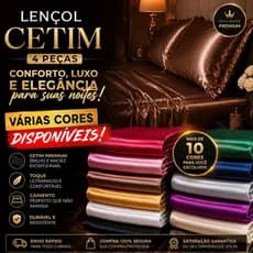 Jogo Lençol Cetim Cama Casal 4 Peças com Tecnologia Anti‑Frizz Elasticado Brilho