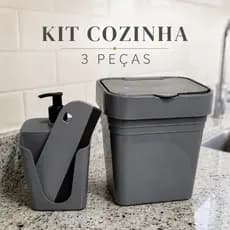 Kit Pia Cozinha 3 Peças Completo Lixeira + Porta Detergente e Esponja + Rodo compacto