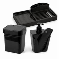 Kit Cozinha 4 Peças Completo Organizador Pia Lixeira +Escorredor Louça + Porta Detergente +Rodo