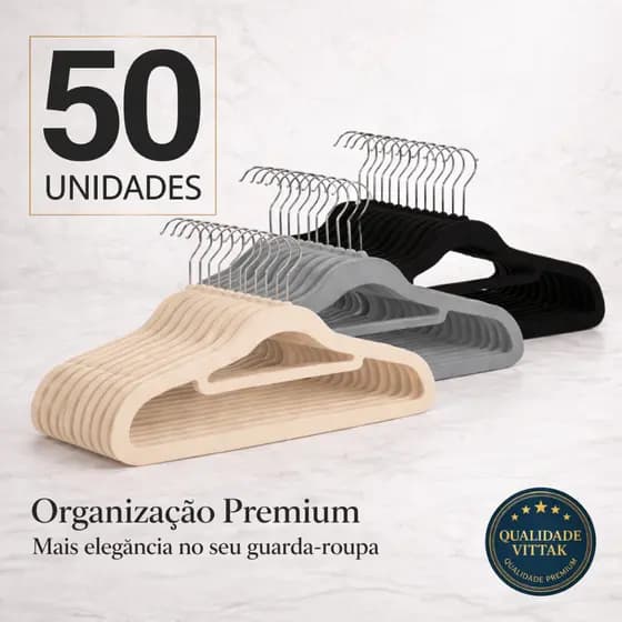 Vittak Kit 50 Cabides de Veludo Slim Adulto Antideslizante, Ultrafino, Resistente – Organizador Premium