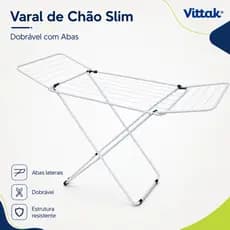 Vittak Varal De Chão Slim Reforçado Com Abas Dobráveis Branco – Portátil E Compacto