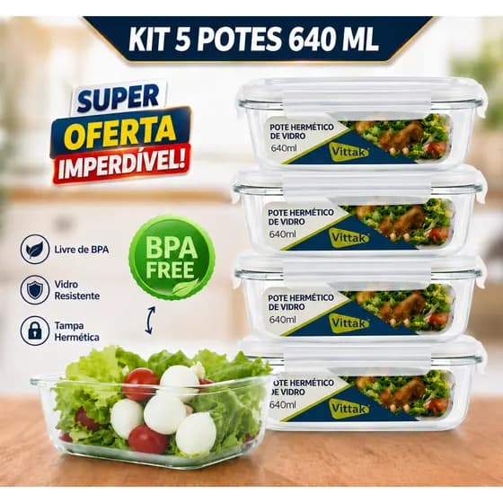Vittak Kit 5 Potes de Vidro 640ml Hermético Marmita Fit com Tampa 4 Travas