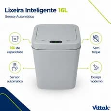 Vittak Lixeira Inteligente Com Sensor Automático 12 Litros Branca e 16 Litros Cinza Abertura Sem Toque Tampa Silenciosa