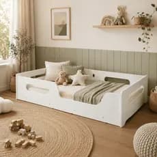 Cama Montessori Solteiro Para Colchão 88x188cm Com Grade De Proteção 100% MDF Com Estrado em Madeira