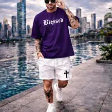Kit CamisetaBlessed  e Short Cruz Tactel Conjunto Masculino Blessed Camisa Algodão