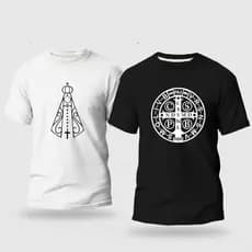 Kit 2 Camiseta Religiosa Algodão Nossa Senhora e Medalha São Bento Unissex Premium