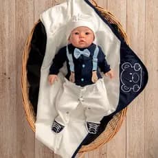 Kit Saida De Maternidade Bebê Menino Roupas Para Bebê Suspensório Azul Marinho Bege