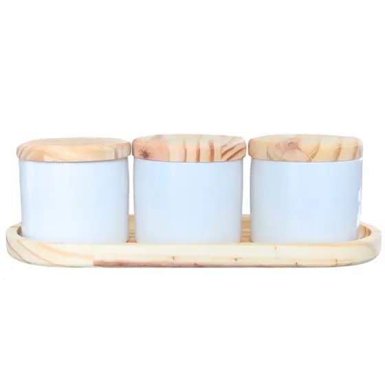 Kit Porta Treco / Condimentos / Mantimentos 200ml - 4 pçs - Potes Porcelana Bandeja e Tampa Pinus