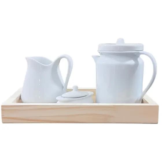 Jogo Café e Chá, Bandeja + Bule Cafeteira 1,1L + Jarra Leiteira 740ml + Açucareiro barquinha 100ml - Porcelana Branca