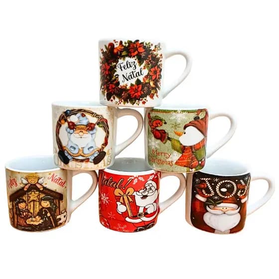 Kit Jogo 6 Canecas Natal 100ml - Porcelana