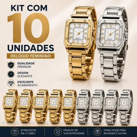 Kit 10 Unidades Relógios Feminino Quadrado Luxo elegante Atacado revenda