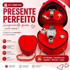 Kit Presente Luxo Feminino Relógio + Colar + Brincos + Caixa Coração com espelho Presente Mulheres Mães Namoradas