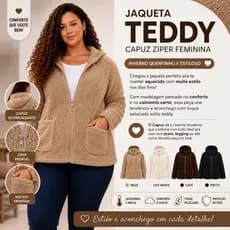 Jaqueta Teddy Capuz Ziper Feminina Plus Size Inverno Quente