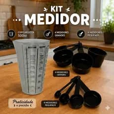 Kit Medidores 9 Peças Copo de 500 ml Xicara e Colheres Preto Casa Cozinha Decoração e Confeitaria e Para o Seu Lar