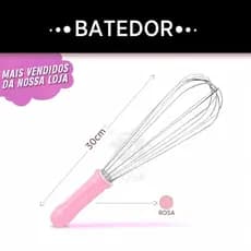 Batedor Fouet Manual Rosa 30cm Inox Resistente Mixer Ovo Creme Cozinha