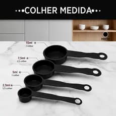 Kit Colheres Medidoras Preto 4 Peças Dosador Cozinha Confeitaria