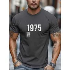 Camiseta Masculina 1975 De Manga Curta, Decote Redondo, Estampa De Letra, Casual, Verão Lançamento